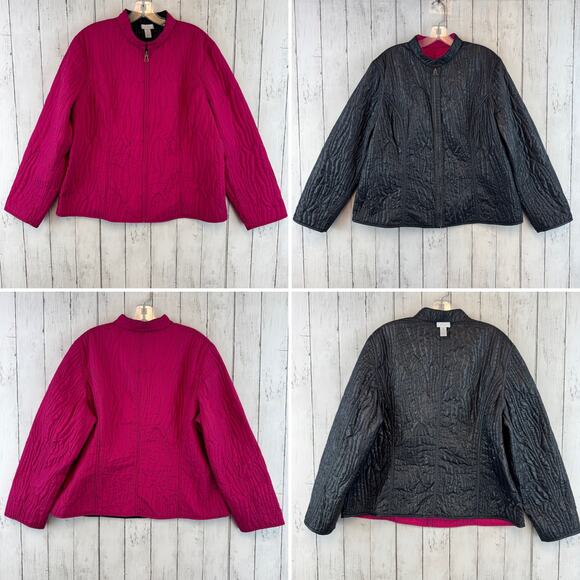 Chico's Pink/Black Reversible Stitched Quilted Full Zip Puffer Jacket Size 3/XL - Picture 1 of 16